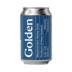 Can of Golden Blackcurrant Honey Soda with blue label on a white background