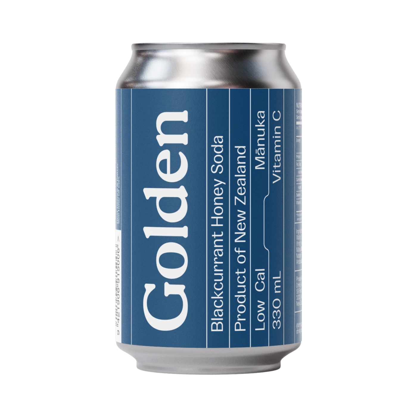 Can of Golden Blackcurrant Honey Soda with blue label on a white background