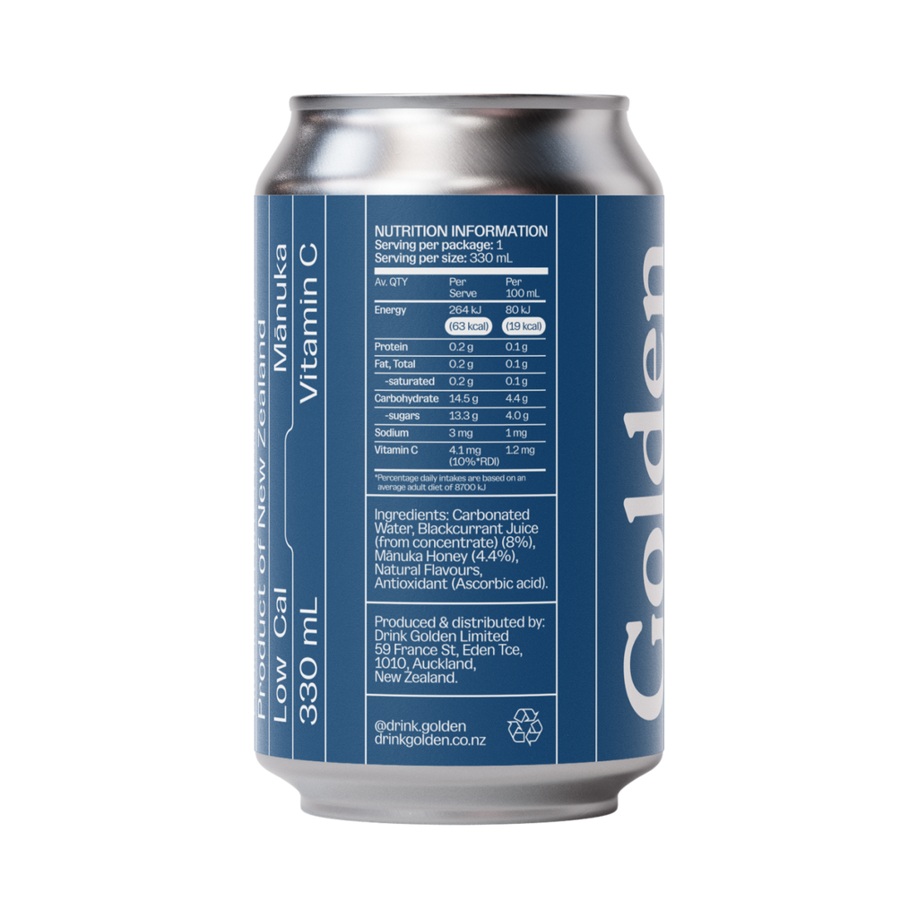 Can of drink with blue label on white background