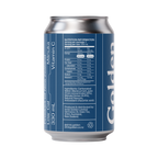 Can of drink with blue label on white background
