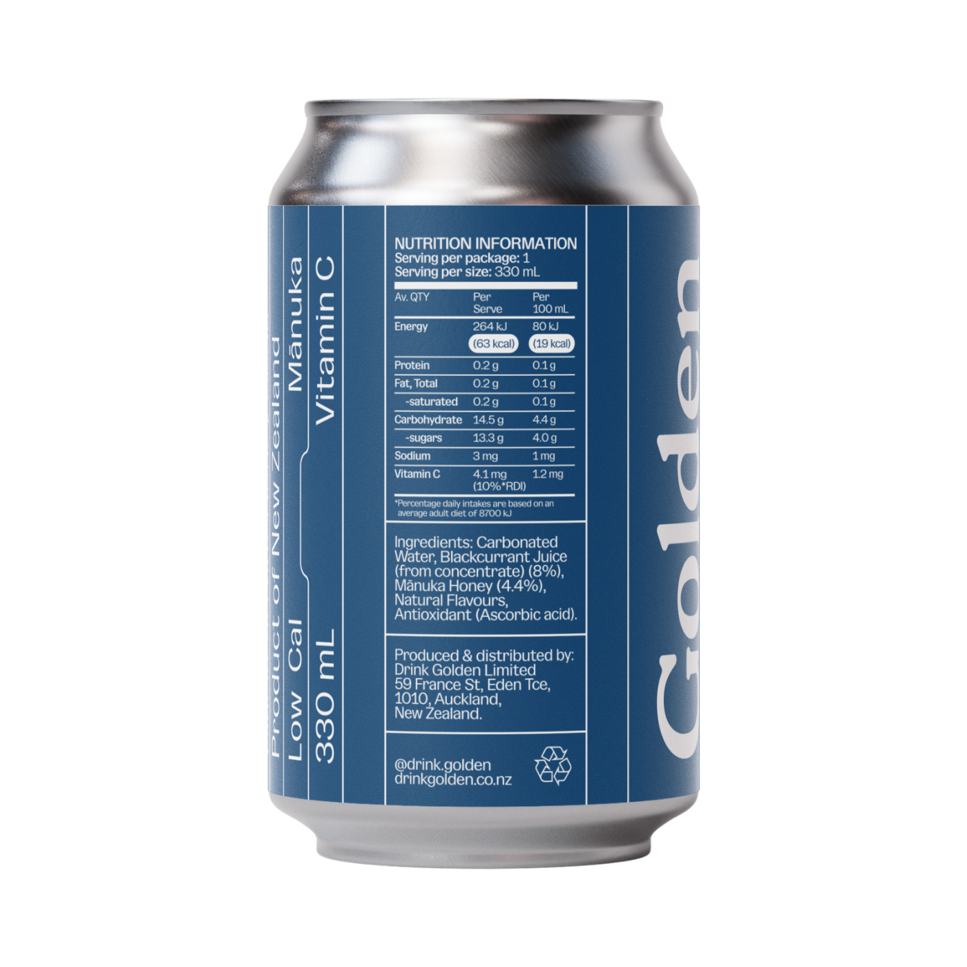 Can of drink with blue label on white background