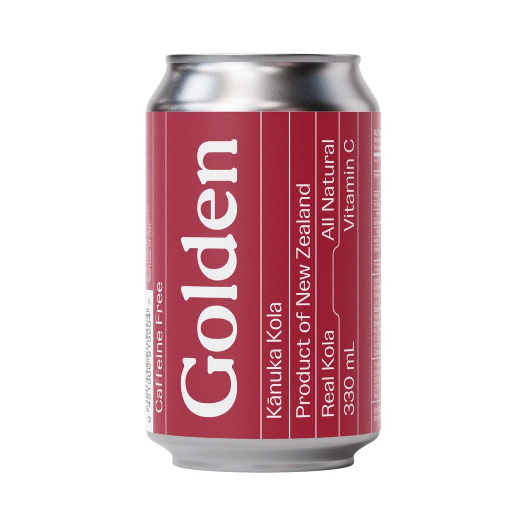 Red can of Golden Känuka Kola with silver top on a white background