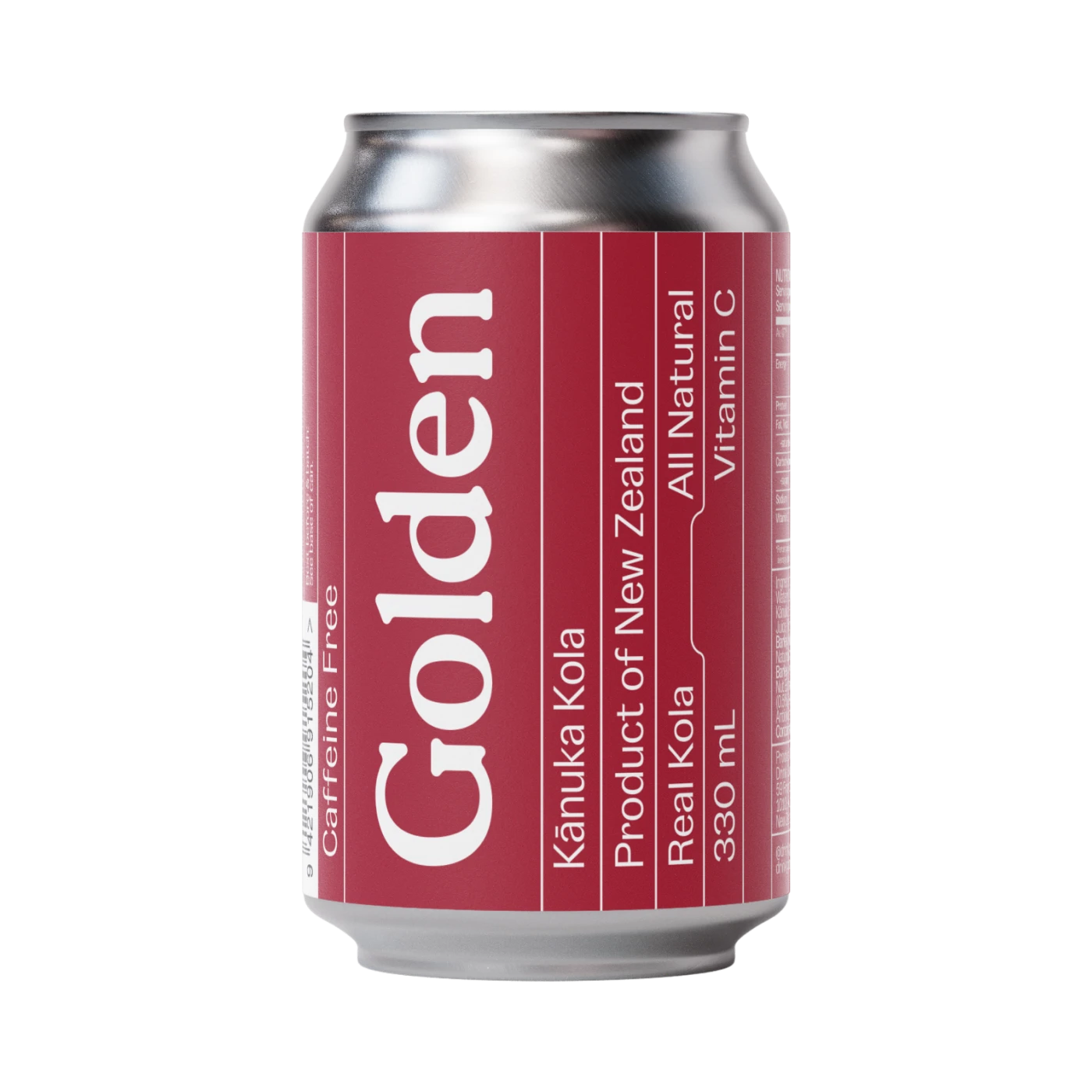 Red can of Golden Känuka Kola with silver top on a white background