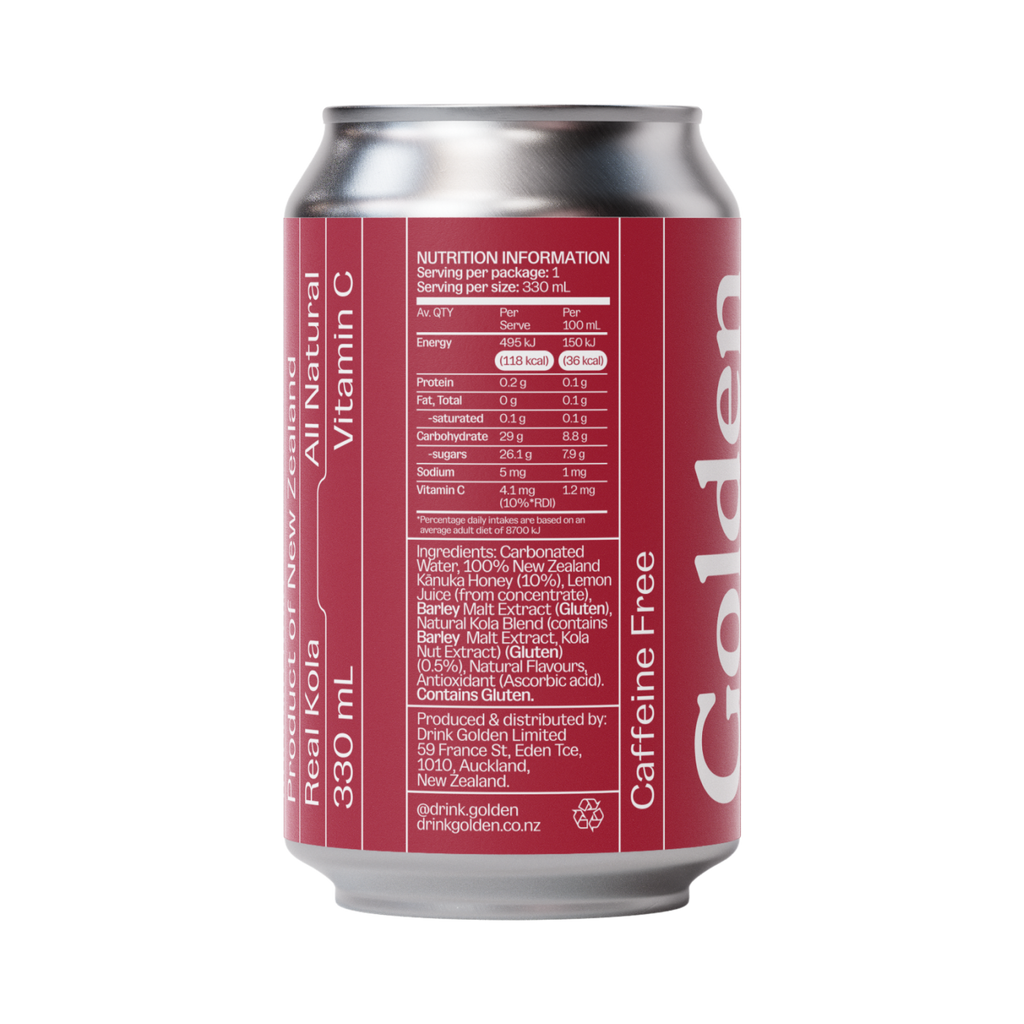 Can of kanuka kola nutrition panel with red label on a transparent background