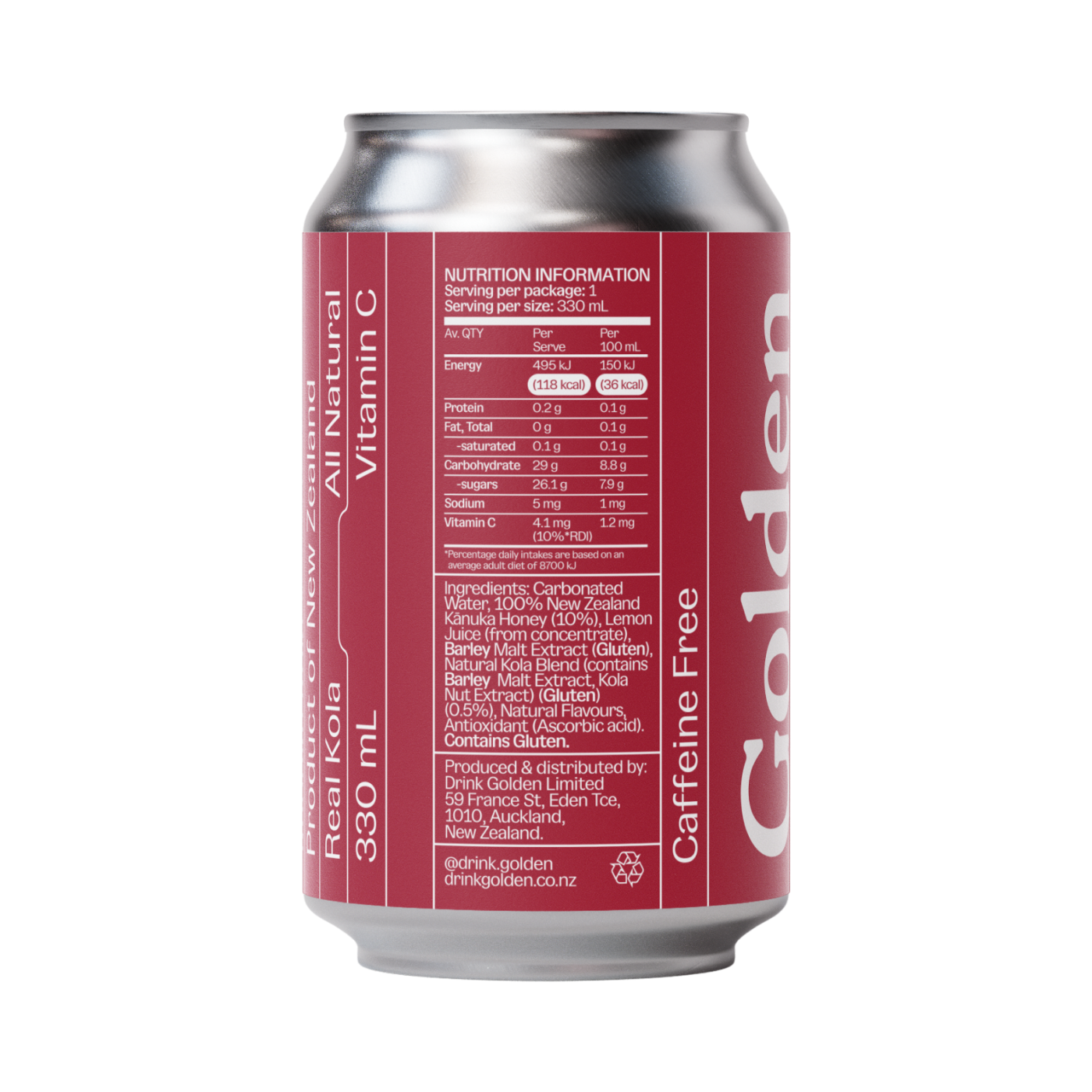 Can of kanuka kola nutrition panel with red label on a transparent background