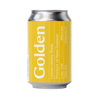 Yellow can of Golden Lemon Honey Soda with silver top and bottom on a white background