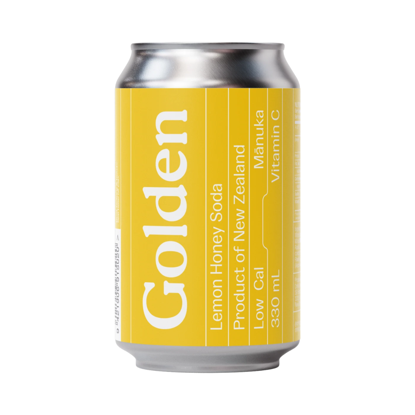 Yellow can of Golden Lemon Honey Soda with silver top and bottom on a white background