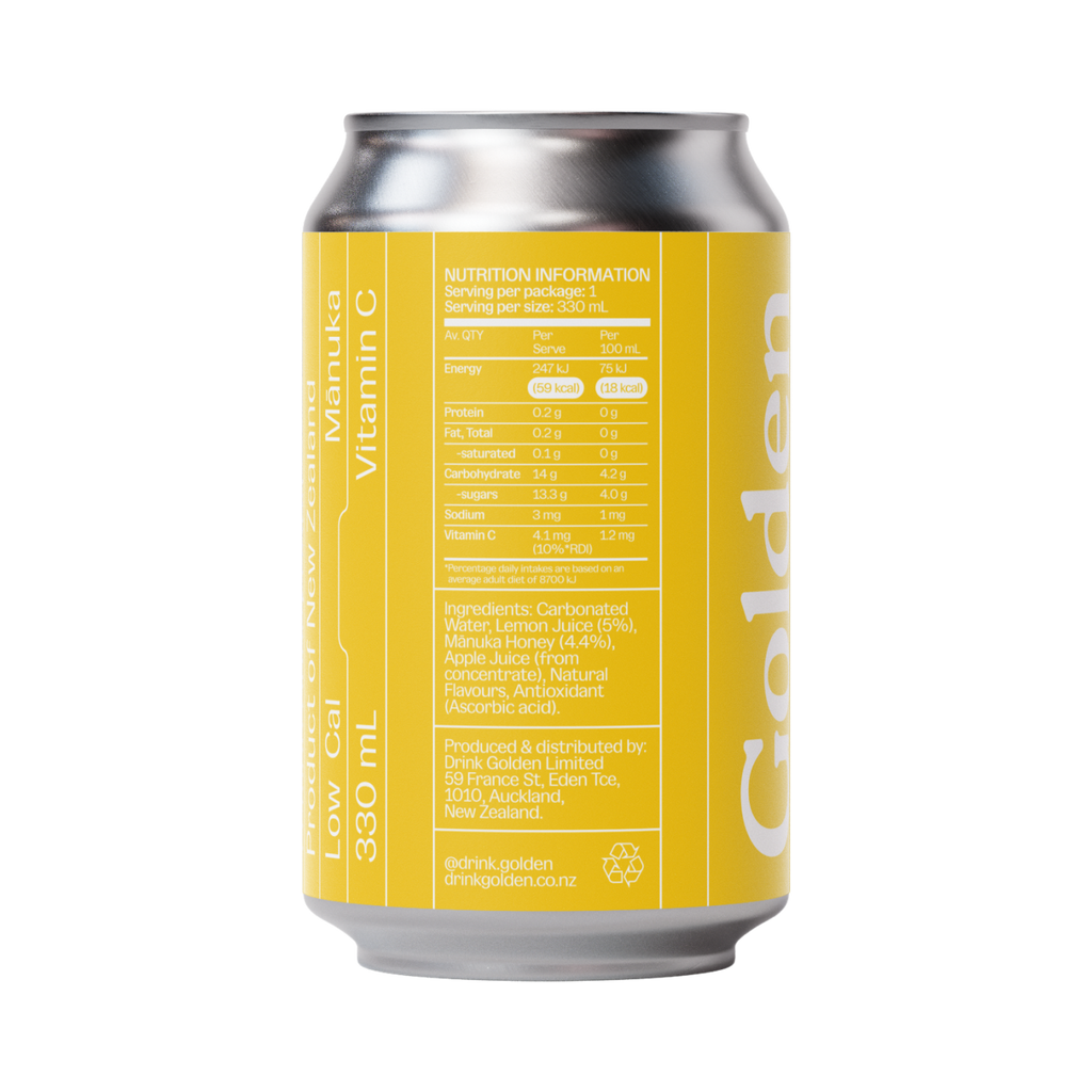 Can of Golden Manuka Lemon with a yellow label on white background