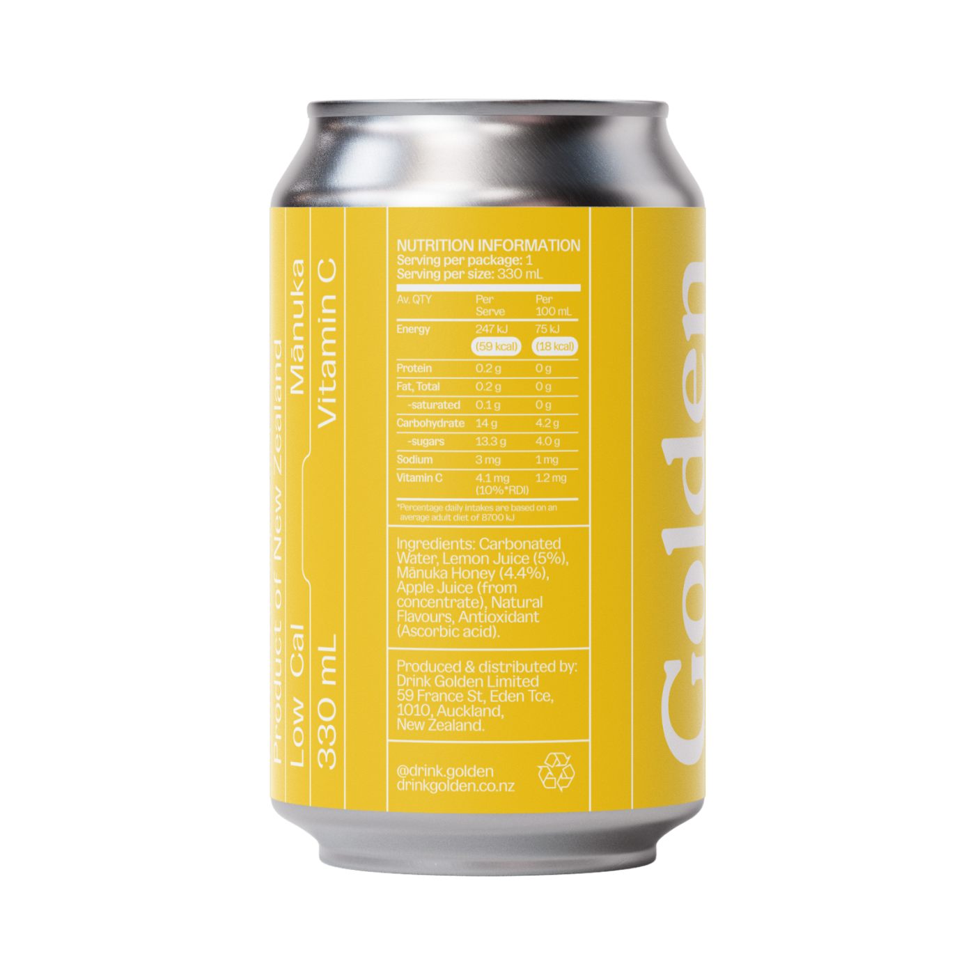 Can of Golden Manuka Lemon with a yellow label on white background
